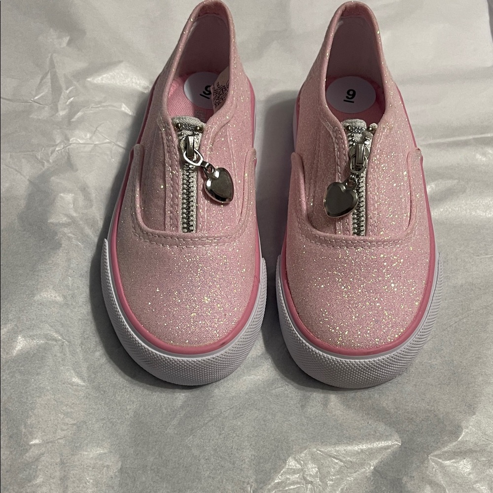 Girls' Pink Glitter Zip-Front Sneakers with Heart Charm